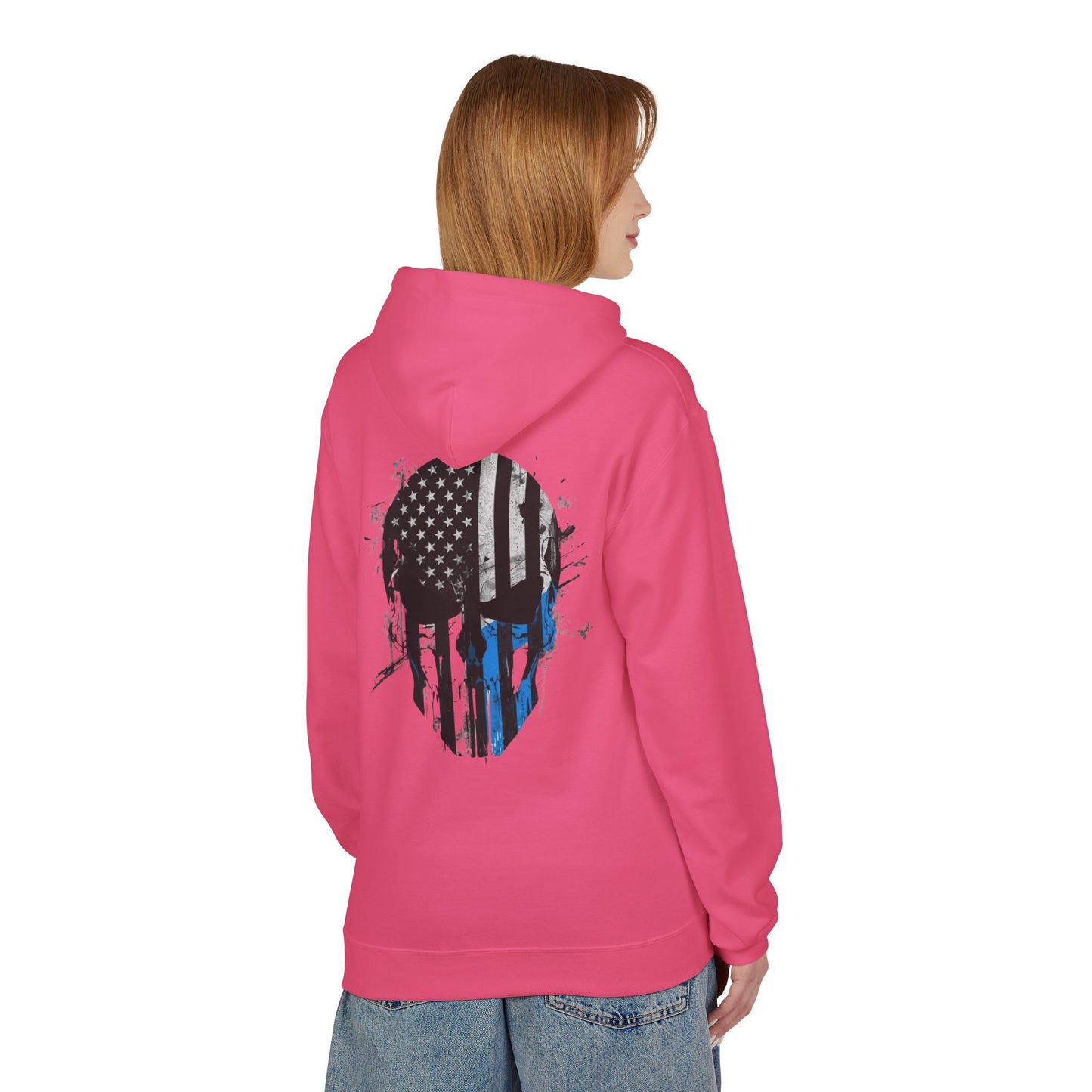 Thin Blue Line Skull Hoodie – Police Support American Flag Back Print