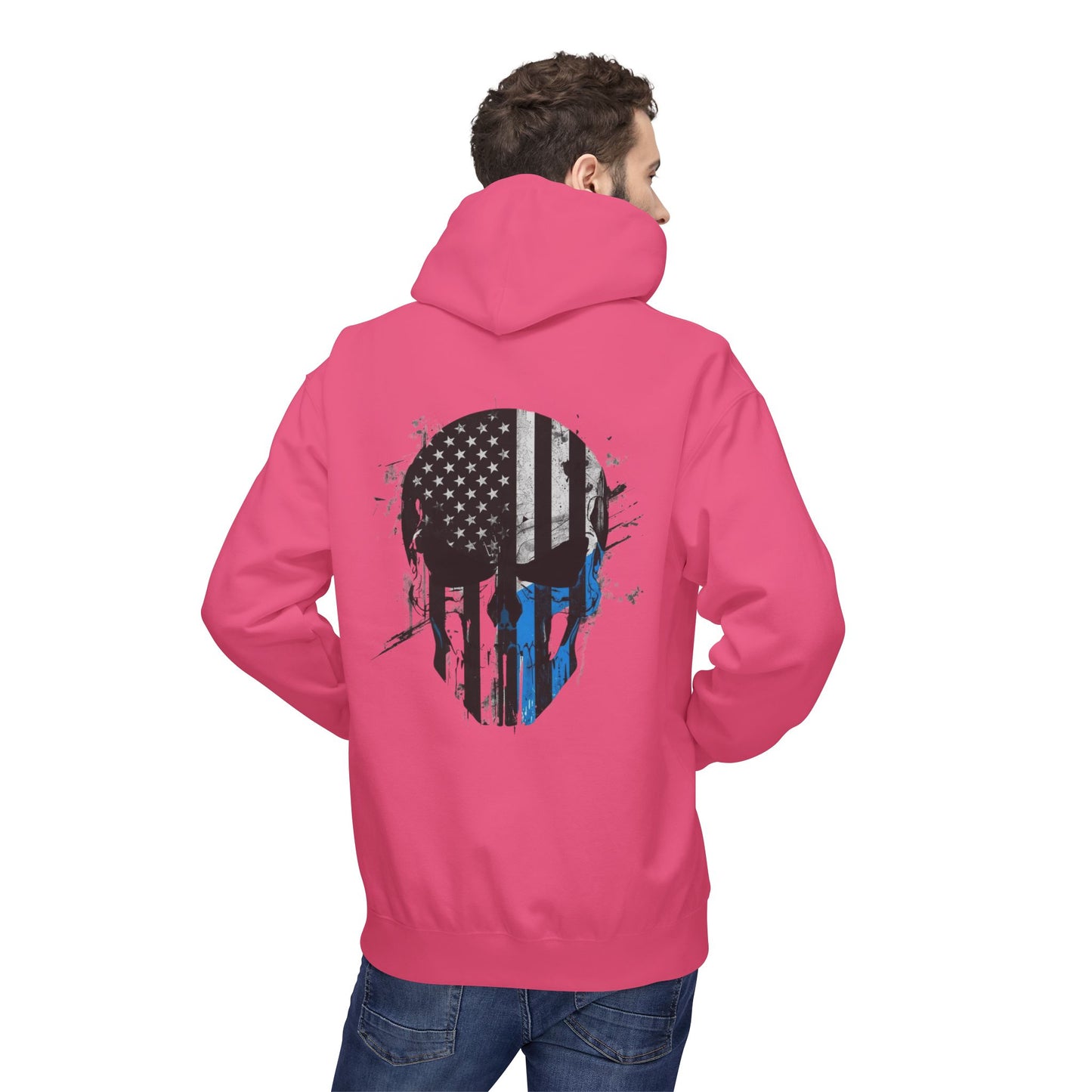 Thin Blue Line Skull Hoodie – Police Support American Flag Back Print