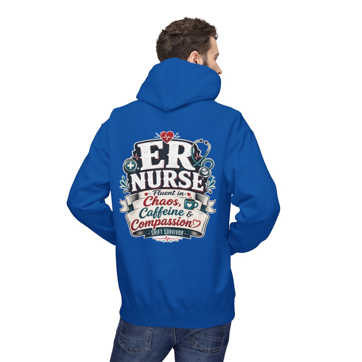 ER Nurse Hoodie - "Present in Chaos, Fueled by Caffeine & Compassion" Medical Staff Pullover