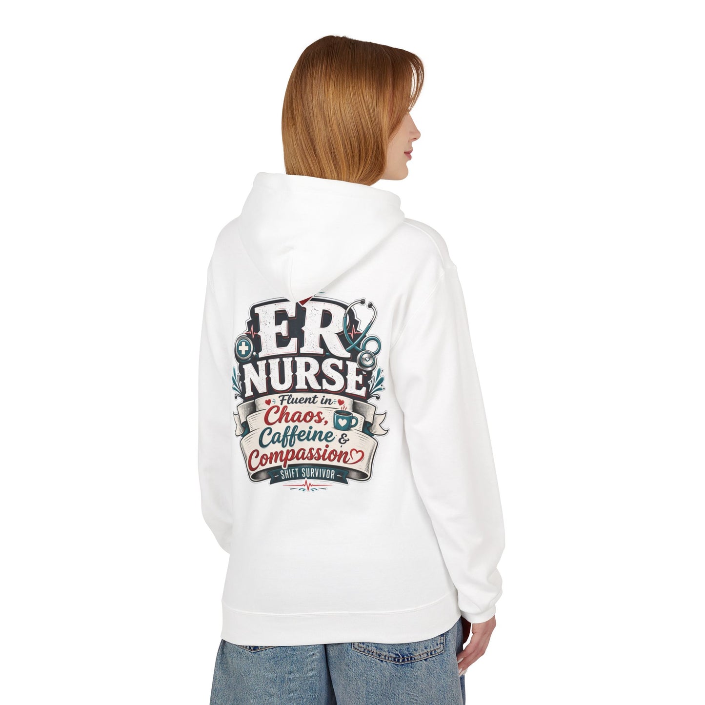 ER Nurse Hoodie - "Present in Chaos, Fueled by Caffeine & Compassion" Medical Staff Pullover