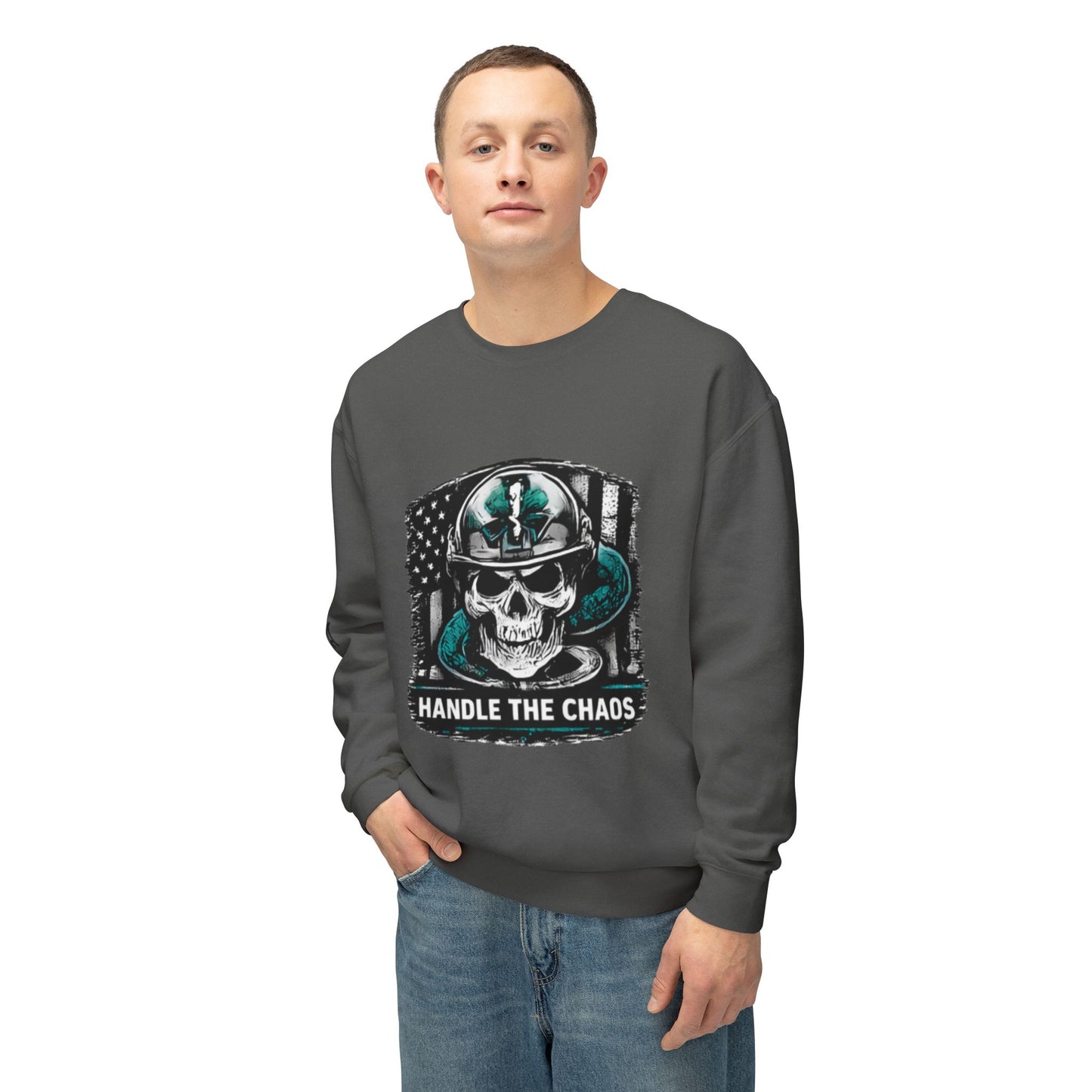 Handle The Chaos Sweatshirt — Military Skull Flag Crewneck
