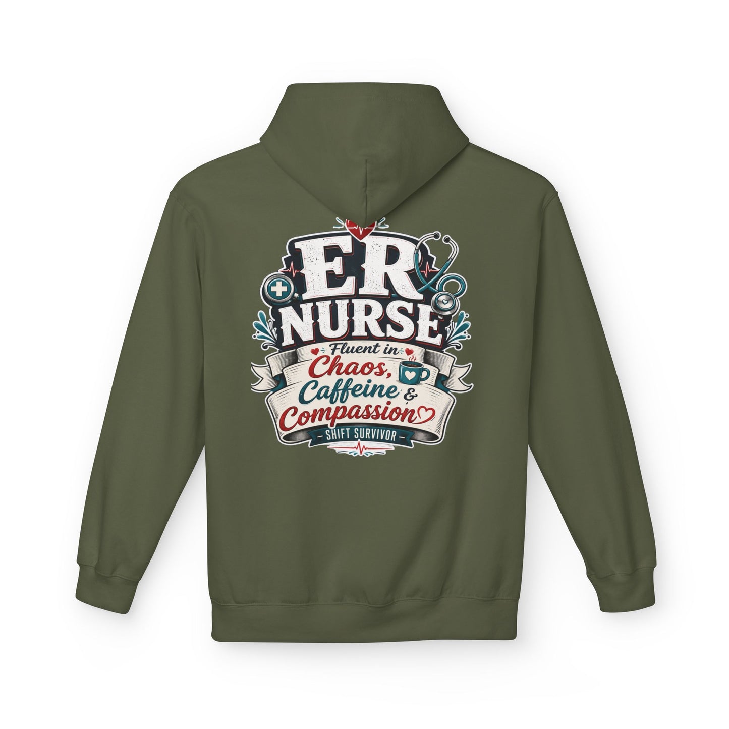 ER Nurse Hoodie - "Present in Chaos, Fueled by Caffeine & Compassion" Medical Staff Pullover